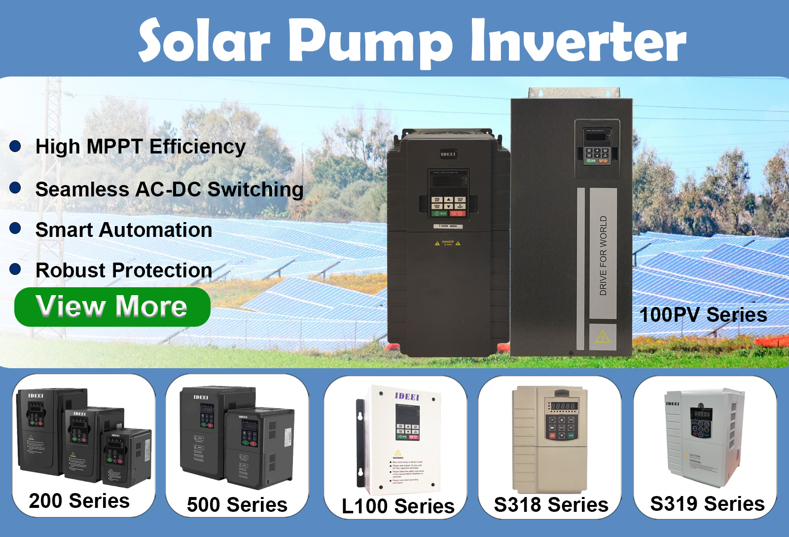 IDEEI solar pump inverter 100PV series with high MPPT efficiency for agricultural irrigation systems