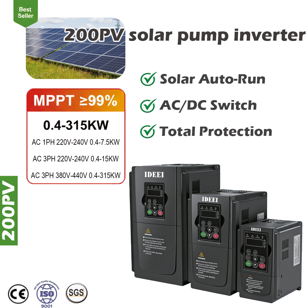 200PV Solar Pump Inverter Best Seller IDEEI 200PV solar pump inverter MPPT 99 percent 0.4 to 315KW with AC DC switch and total protection