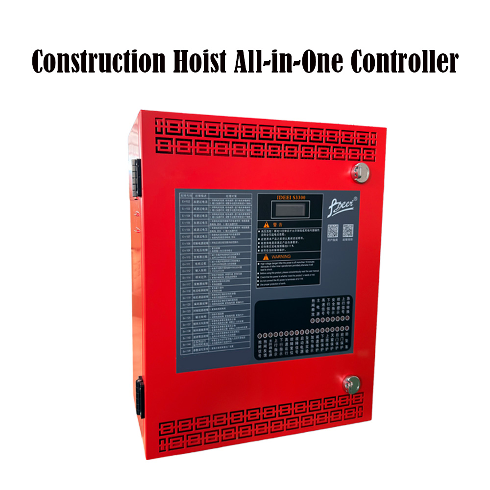 IDEEI S3300 red cabinet construction elevator controller with CE ISO 9001 and SGS certification badges